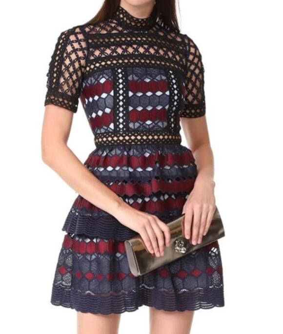 Self-Portrait Dresses & Skirts - Self-Portrait Hexagonal Guipure Lace Mini Dress Navy Burgundy Short Sleeve S/M
